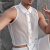 Summer Men Lapel Sleeveless Mesh See Through Party Cropped Tank Tops