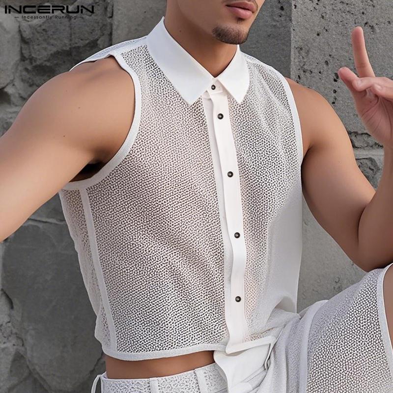 INCERUN Summer Men Lapel Sleeveless Mesh See Through Party Cropped Tank Tops