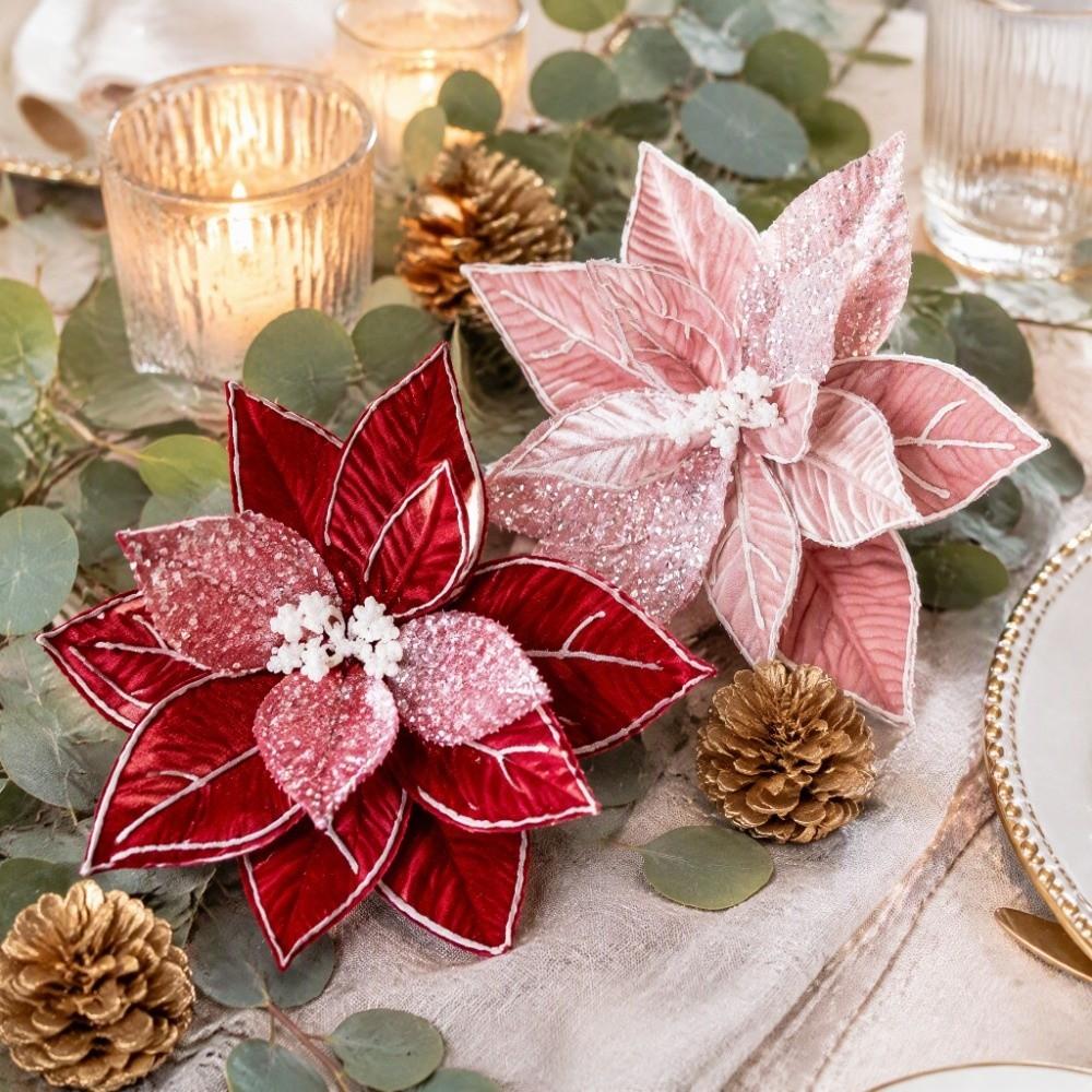 Glitter Powder Artificial Poinsettia Pick Colorful Christmas Decor Flower  Christmas Tree