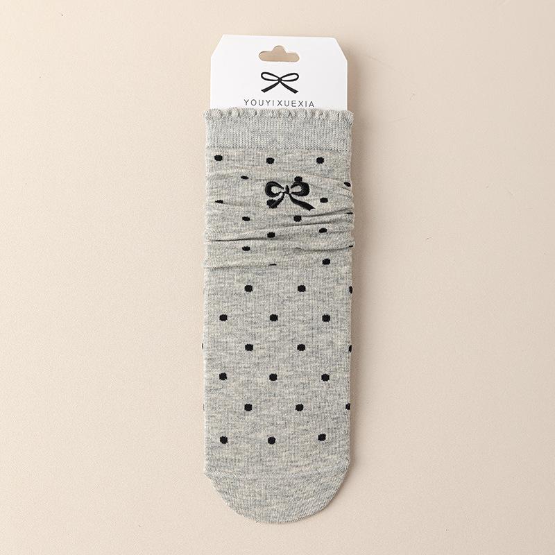 Female Spring and Autumn Bow Wood Ear Lace Polka Dot Boneless Drum Pile Cotton Socks