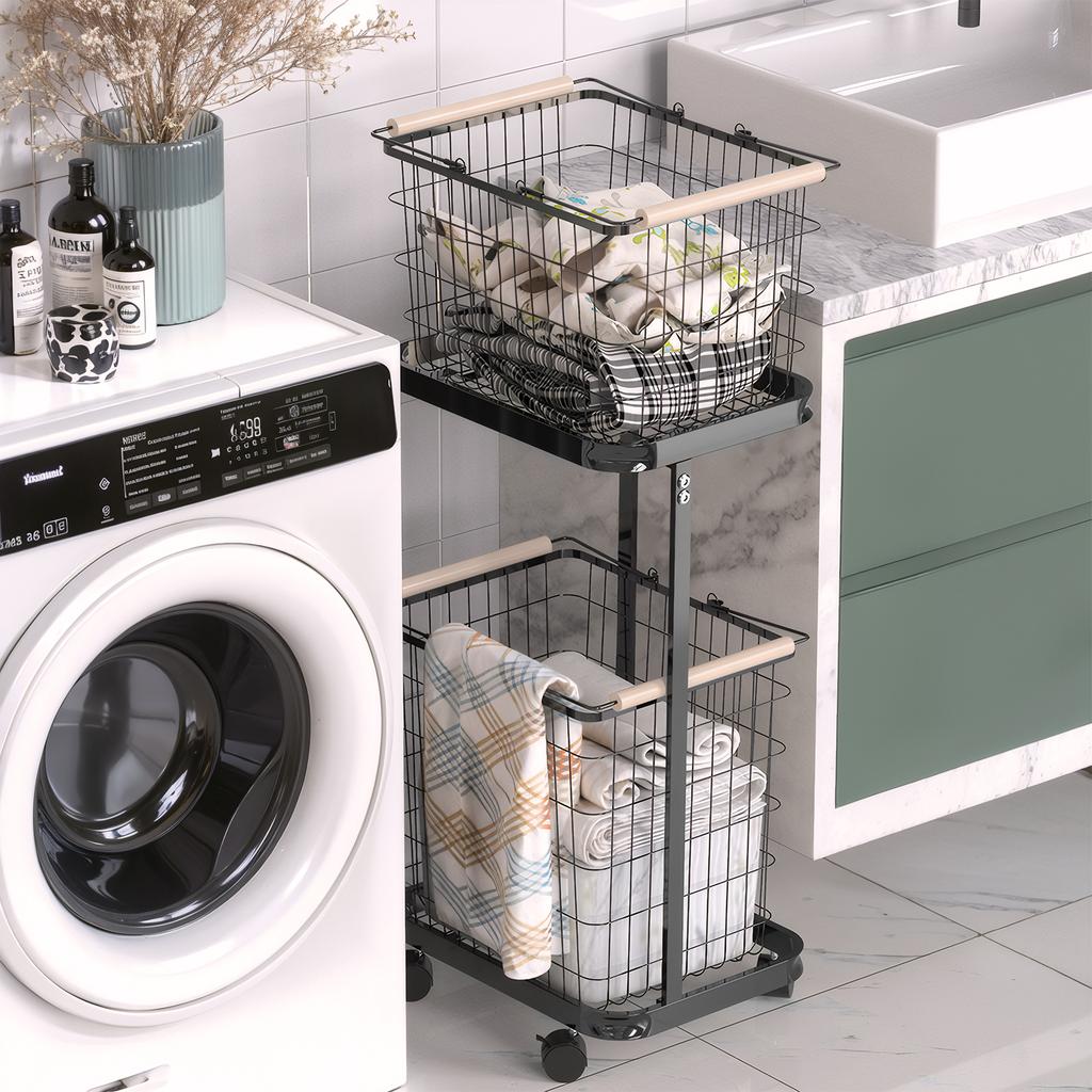 2 Tier Laundry Cart with Wheels Metal Frame 2-Section Storage Basket Bathroom Organizer Cart for Laundry Room Closet Storage