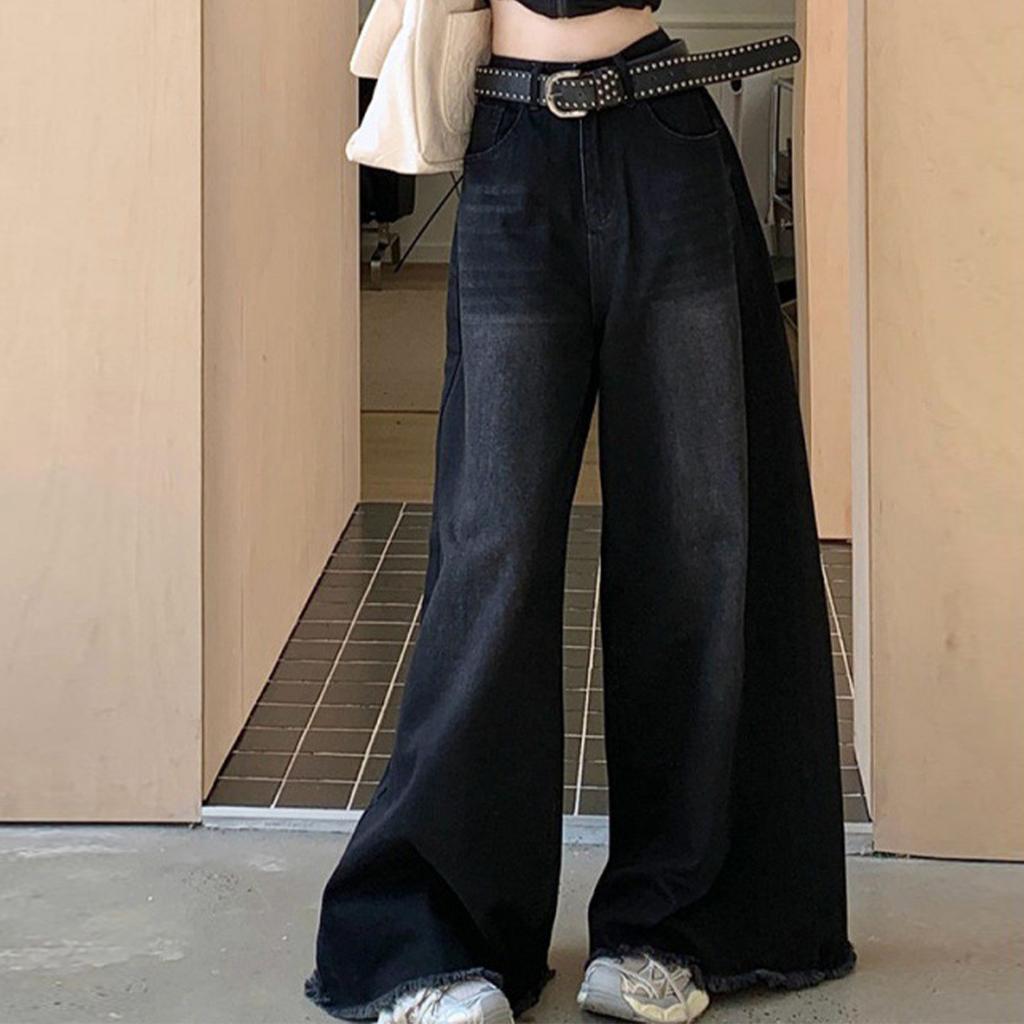 Черные джинсы с высокой талией для женщин на осень, свободный крой и утягивающий, универсальные, широкие штанины, брюки длиной до пола