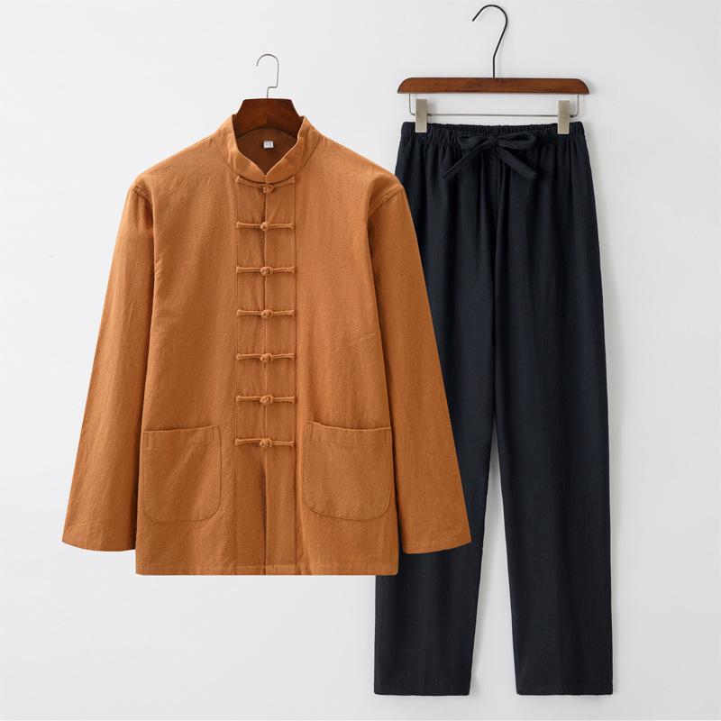 Men's Chinese Style Long-Sleeve Tang Suit Set with Frog Buttons - Retro Tea & Tai Chi Two-Piece