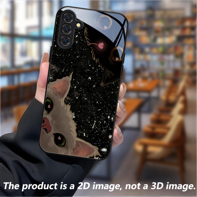 Премиальный чехол из закаленного стекла для телефонов серии Galaxy S20, S21, S22, S23, S24, S25 (FE, Ультра, Плюс) — Тема «Кошка и Звездное небо».
