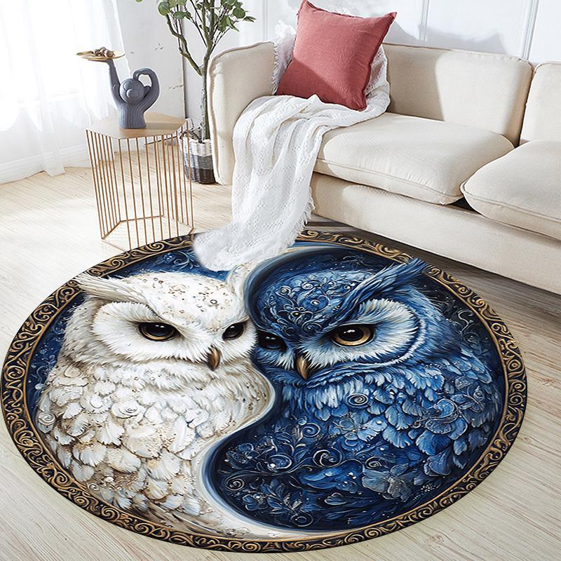 Yin Yang Owls Round Area Rug,Carpet Rug for Living Room Bedroom Sofa Playroom Decor,Non-slip Floor Mat