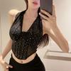 Sleeveless Mesh Crystal Camisole Slim Fit Corset Fishbone Camisole Neck Halter Crop Top  Party