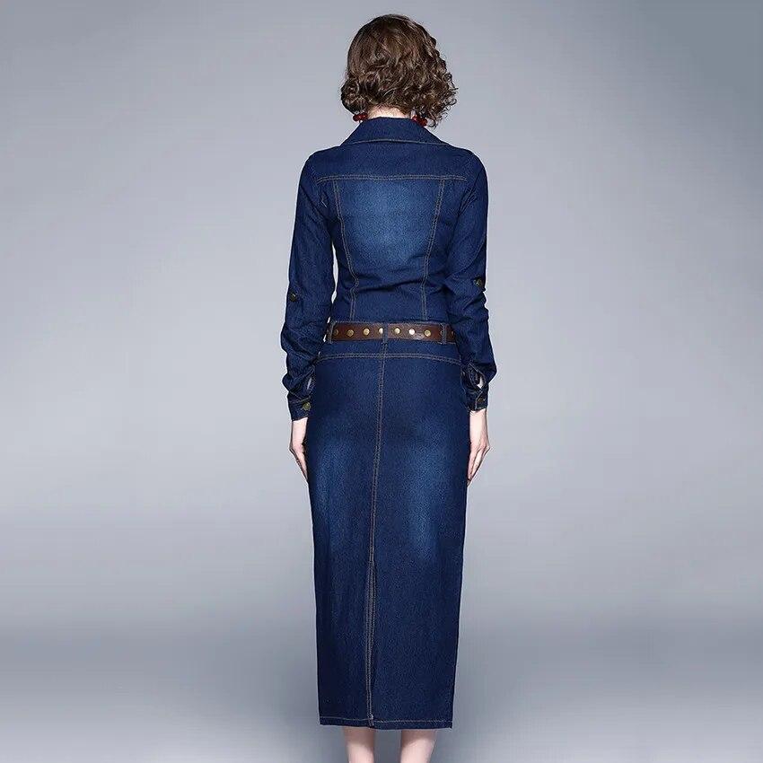 2024 Robe Jeans Dress Women Button Pocket Rivet Vintage Casual Long Denim Dresses Ladies Slim Bodycon Dress Robe Femme