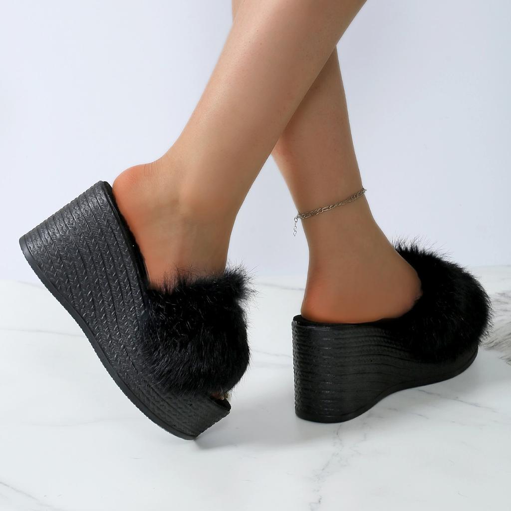 Aphixta Платформа Тапочки из Натурального Кроличьего Меха Женские Черные Клиновидные Шлепанцы Каблук 9 см Женская Обувь Клиновидные Тапочки Ретро Шлепанцы