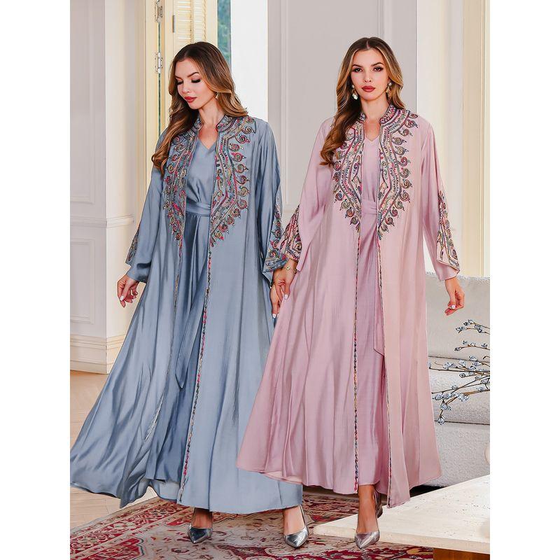 New Embroidered Stand Collar Cardigan Robe Base Skirt Middle East Dress Evening Dress Two Piece Dress Set Dress