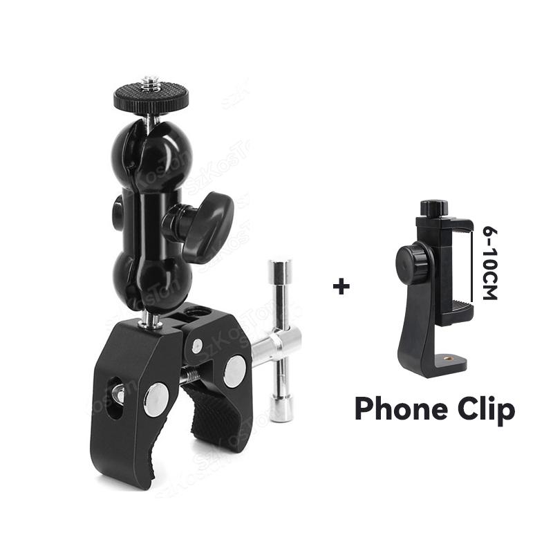 Металлический суперзажим с отверстием 1/4'' 3/8'' с двойной шаровой головкой Magic Arm Clamp для телефона, видеокамеры, монитора, светодиодной подсветки, микрофона