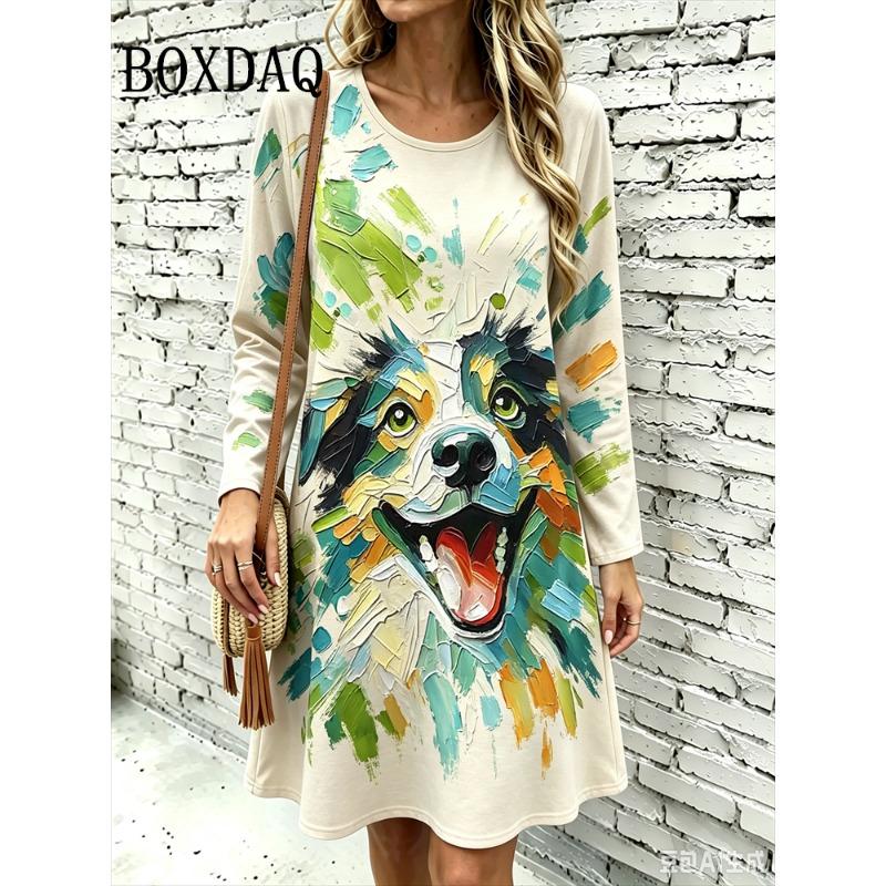 Oil Painting 3D Printing Women's Dresses Vintage Casual Poodle Dog Pattern Loose Home Dress Autumn Long Sleeve A-Line Dress 2026