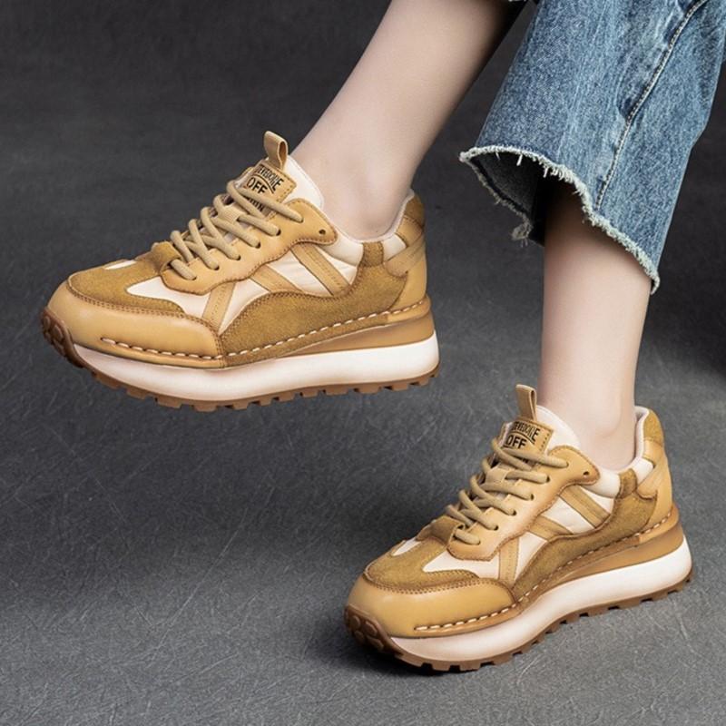 2024 Spring New Genuine Leather Sneakers Casual Sports Shoes Round Toe Lacd-up Retro Versatile Women's Flat Shoes