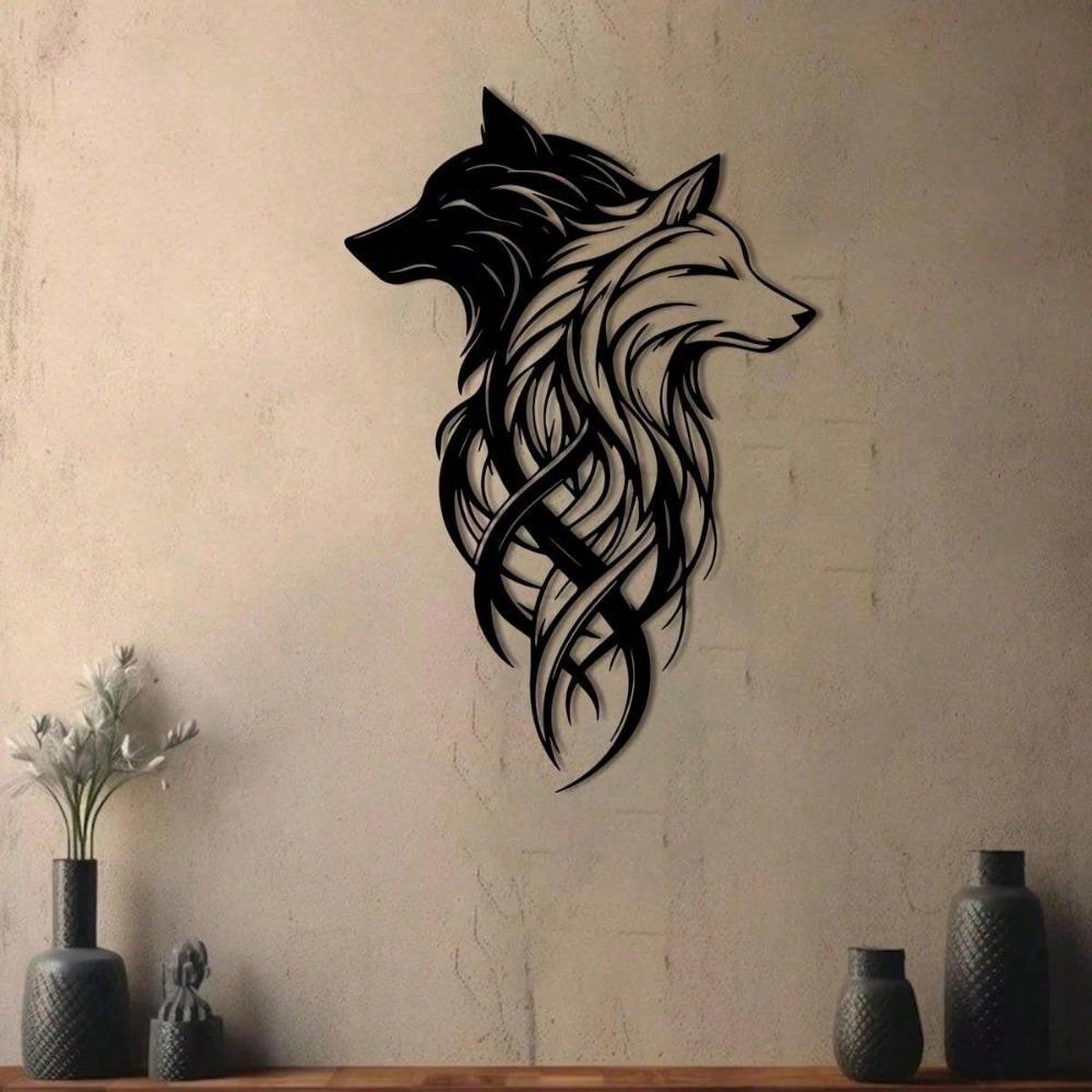 2pcs Wolf Metal Wall Decor, Black & White Twin Wolf Head Wall Art, Metal Wolf Wall Hanging, Wild Animal Decoration For Living Room, Office, Bedroom