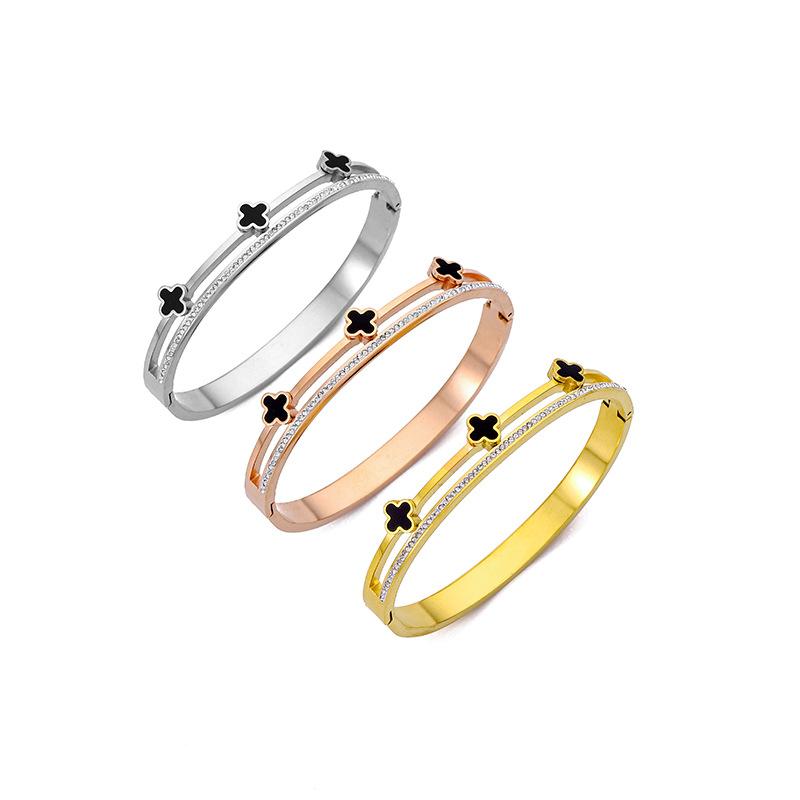 Браслет с четырьмя листьями травы, двойное кольцо, высококачественный бриллиантовый браслет для девочек, титановый стальной наконечник, легкий роскошный браслет