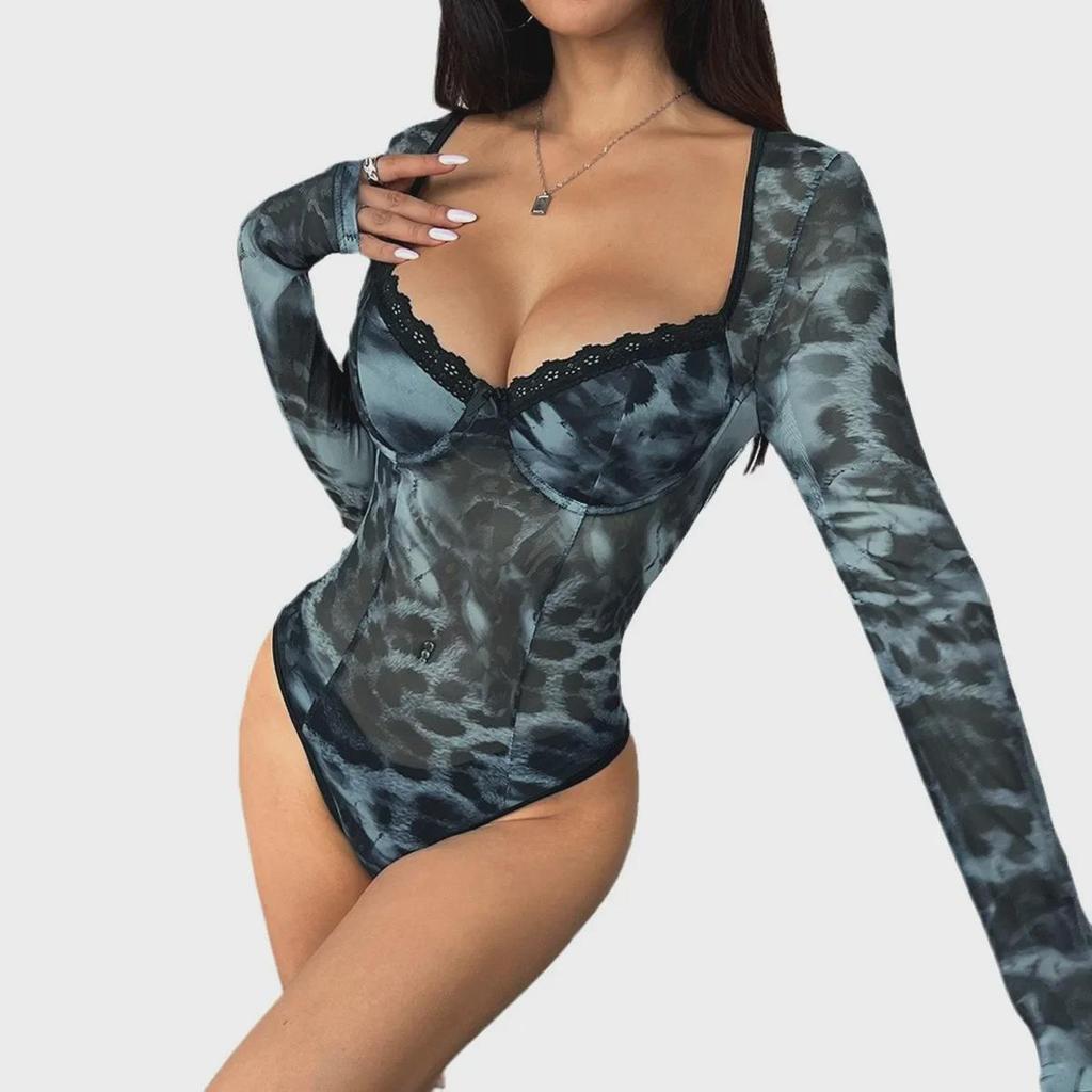 Retro Mesh Printed Lace Long-Sleeved Jumpsuit with Built-In Bra