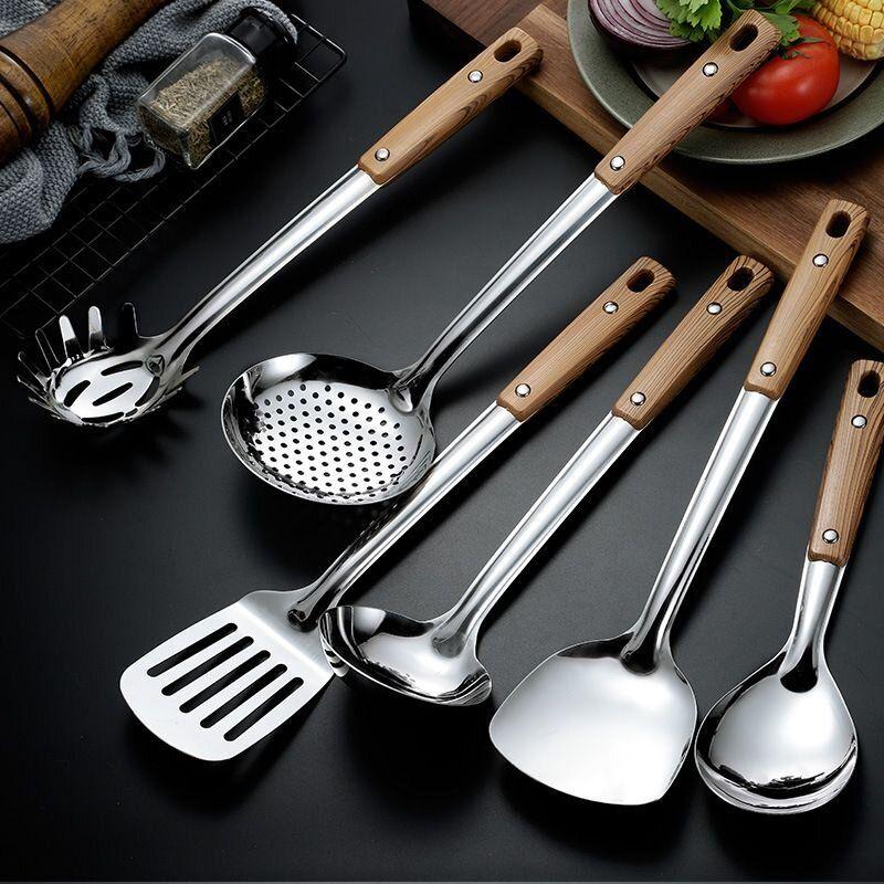 Thickened Stainless Steel Cooking Utensil Set: Spatula, Soup Ladle, Frying Spatula, Hot Pot Skimmer, In-Stock Stainless Steel Spoon