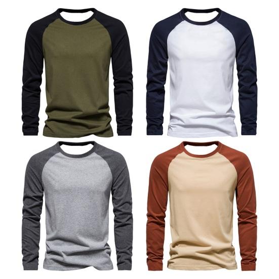 Autumn Winter Men Bottoming Top Slim Fit Patchwork O Neck Pullover Stretchy Long Sleeves