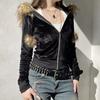 VAYLA Y2K Aesthetic Faux Feathers Hooded Cardigan Black Velvet Furry Ball Decorate Zip Up Hoodies Jackets Retro Gothic Coats