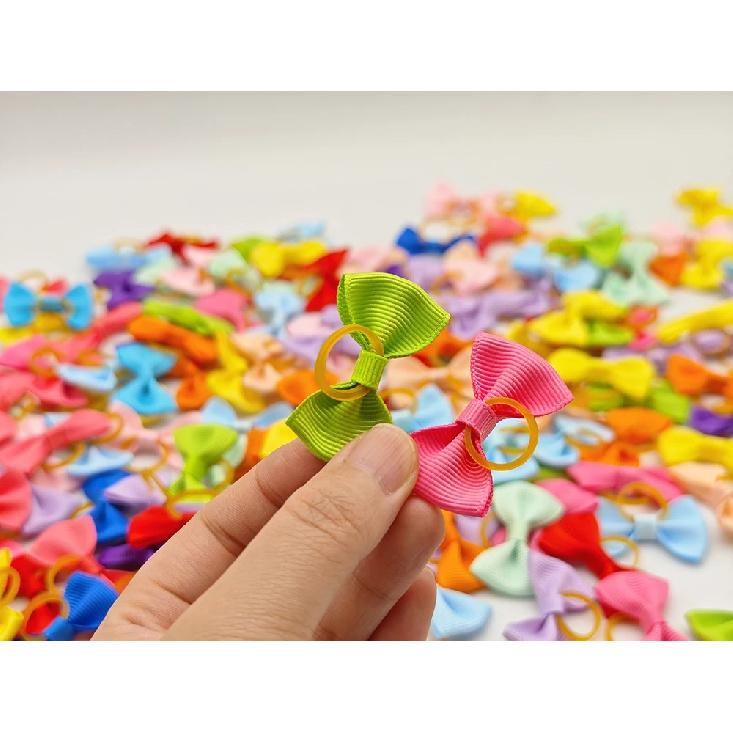 100PCS Solid Color Dog Hair Accessories 14 Colors Ribbon Hair Bows With Rubber Band For Dogs Puppy Yorkshire Grooming Supplies