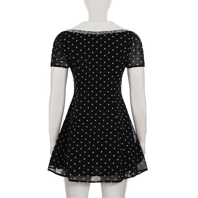 Платье А-силуэта с V-образным вырезом в горошек в стиле Хепберн с кружевом: Тонкая, Элегантная Короткая Юбка