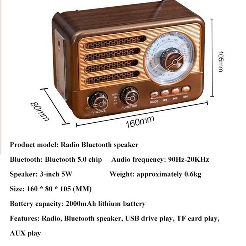 Portable Retro Radio Bluetooth Speaker FM/AM Radio Receiver With LED Flashlight, Supports TF Card, USB, AUX Play