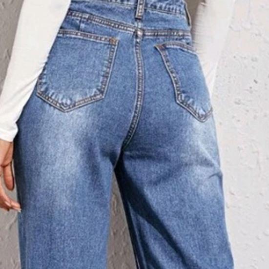 Джинсовые брюки с высокой талией, застежка на пуговицы и молнию, прямые широкие штанины, длинные