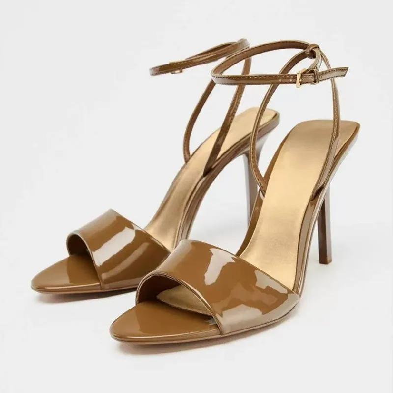 Fashion Brown Patent Leather Heeled Sandal Women Fashion Pointed Toe Ankle Buckle Brand Designer Shoe Summer Sexy Open Toe Zapatos Mujer