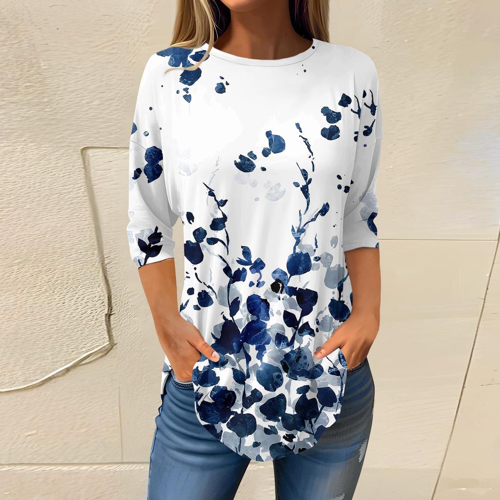 Женская свободная футболка с круглым вырезом и рукавом 3/4, верхний пуловер