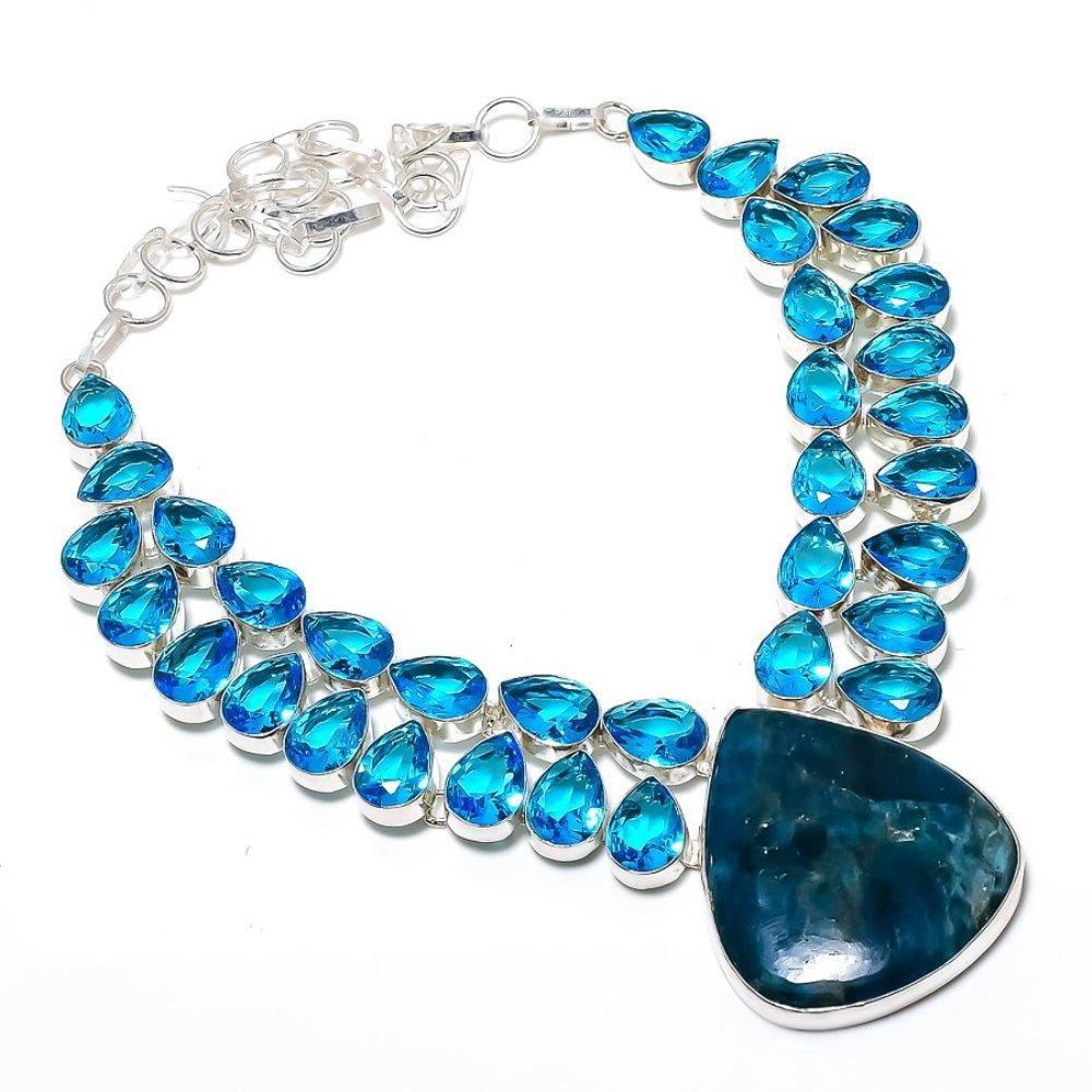 Natural Neon Blue Apatite, Blue Topaz 925 Sterling Silver Necklace 18" u5Y84