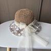 Lace Pearl Ribbon Straw Hat Summer Sun Protection Sun Hat Ladies Hollow Weaving Straw Hat Travel Beach Hat