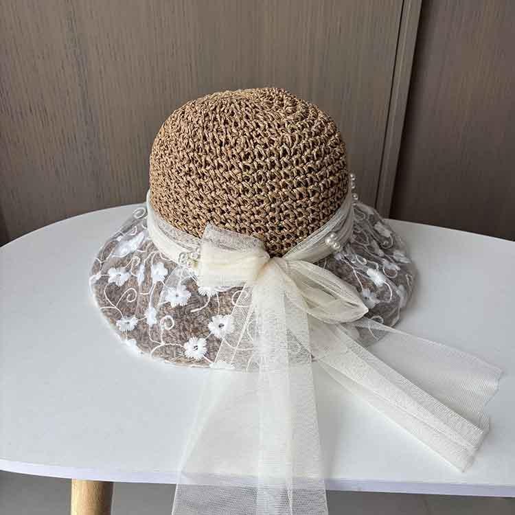 Lace Pearl Ribbon Straw Hat Summer Sun Protection Sun Hat Ladies Hollow Weaving Straw Hat Travel Beach Hat