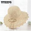 FASHION Summer New Women's Sun Hat Bucket Cap Beige Lace Bowknot Flowers Ribbon Flat Top Panama Soft Straw Hat Beach Caps