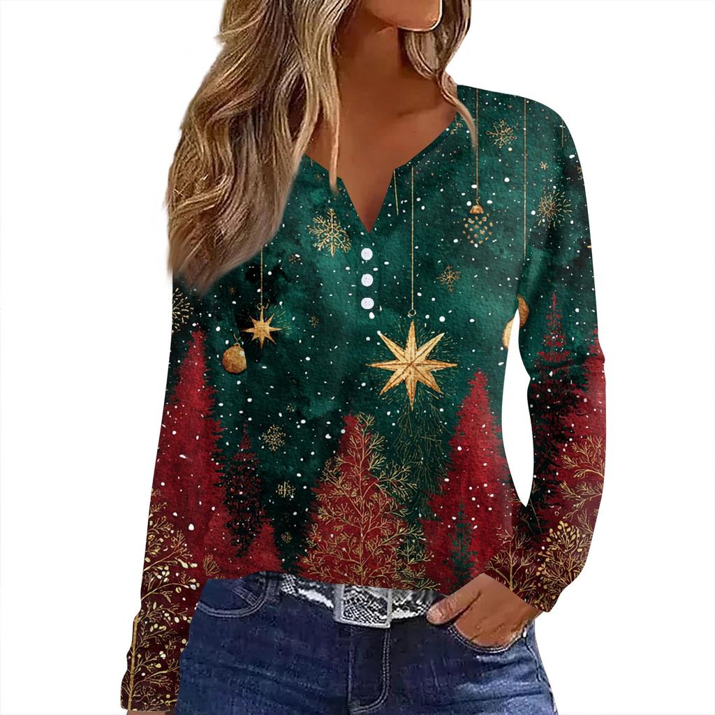 Женская футболка с рождественским принтом на пуговицах с длинным рукавом, повседневная, выходного дня, модная, базовая, с V-образным вырезом, обычная