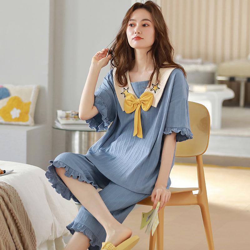 Capris Short Sleeved Pajamas for Women In Summer Cotton Cartoon Cute Casual Home Clothing Set