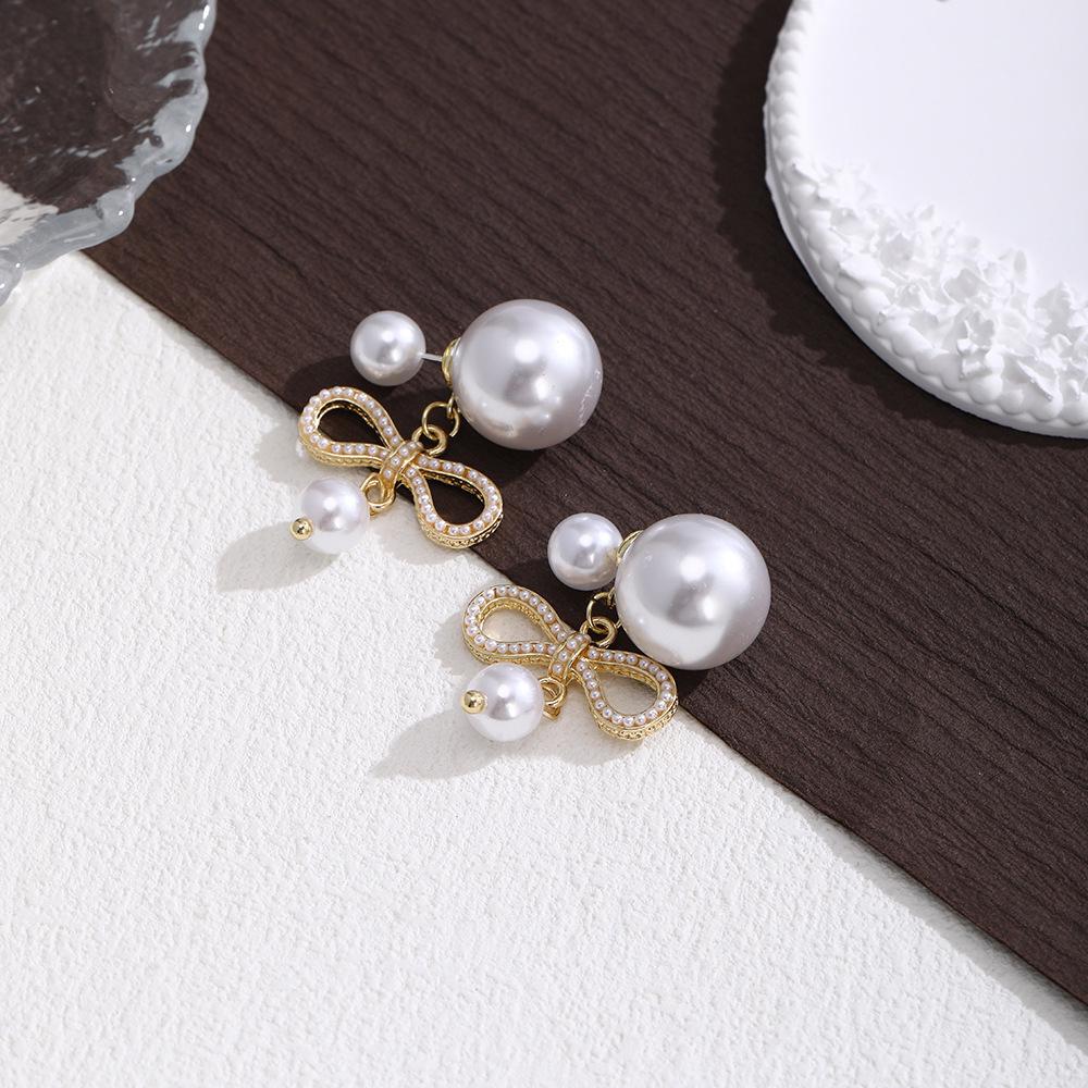 Silver Needle Pearl Bow Pendant Stud Earrings, Elegant High-End, 2025 New Trend Ear Jewelry