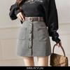 Striped Autumn Winter Skirts Womens Mini Slim Belt A-line Skirts Chic Korean Fashion Button Pocket Women Skirt