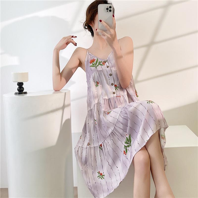 Pajamas for women's summer small men wear drapes, high-end suspenders, long vacation skirts, spring and autumn cotton and silk skirts