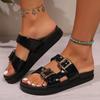 Fashion 2024 New Fashion Solid Color Summer Women's Slippers Open Toe Metal Buckle Flat Heel Comfortable Versatile Women's Shoes