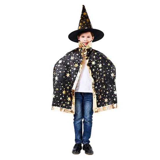 Child Witch Costume Unique Anime Cosplay Cape Hat Set Sparkling Pentagram Design with Pumpkin Bag Halloween Party Supplies