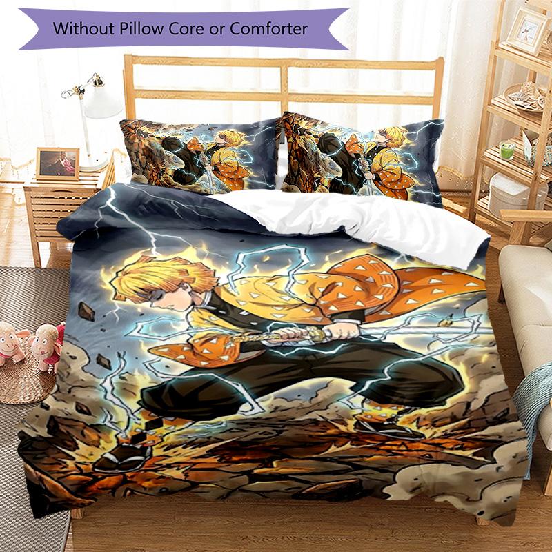 3pcs Agatsuma Zenitsu (4) Design Cover Set - HD Printed Bedding with 1 Cover and 2 Pillowcases - Perfect for Home and Dorm Decor