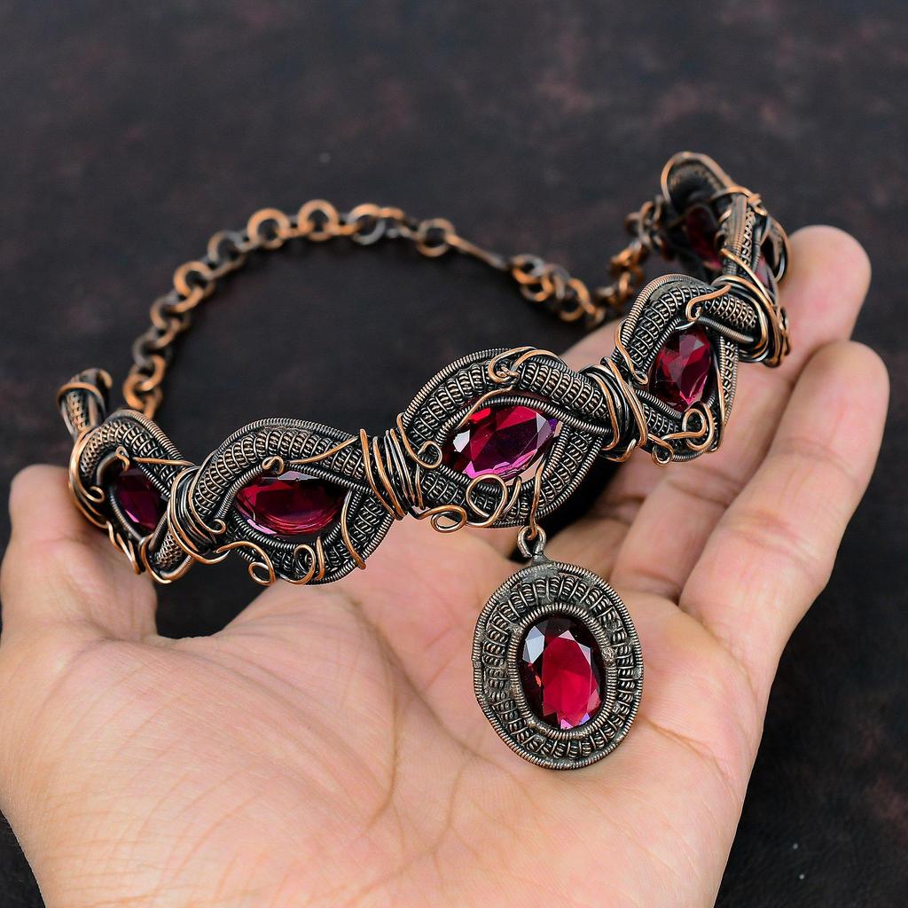 Ожерелье из граненого рубеллита, ожерелье из медной проволоки, регулируемое цепочное ожерелье, ювелирные изделия из меди, ожерелье из драгоценных камней, ювелирные изделия ручной работы для подарка
