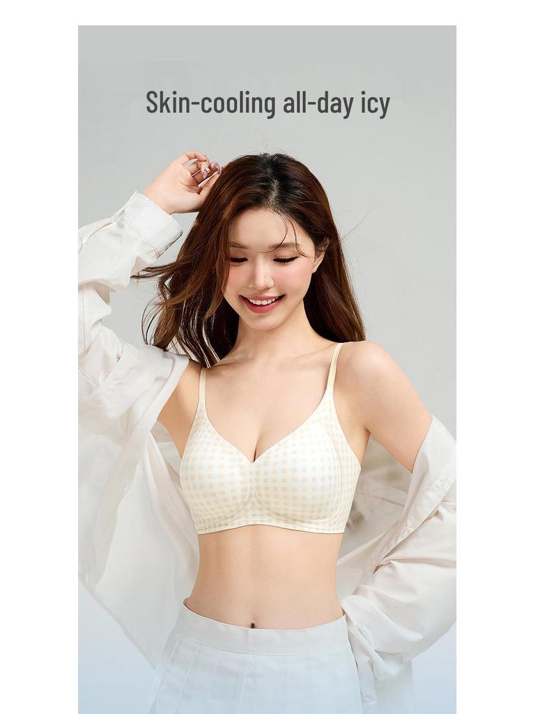 Women's Summer Thin Ice Silk Seamless Bra - Cool, Breathable, Side Support, Fixed Cup, Small Chest Gathering, Soft Comfort