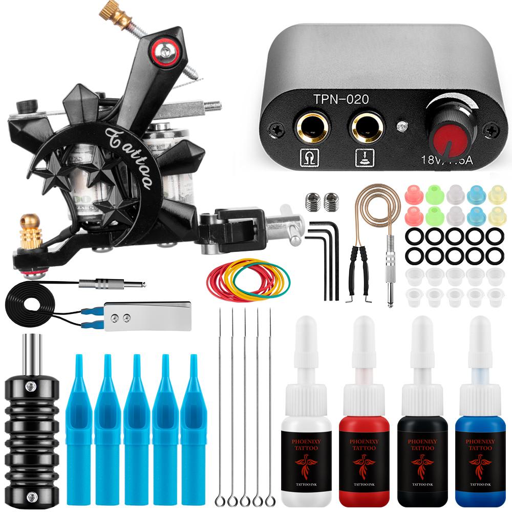 Полный набор татуировок PHOENIXY с источниками питания для тату-машин, полный набор тату-инструментов, набор перманентных чернил для боди-арта, макияжа