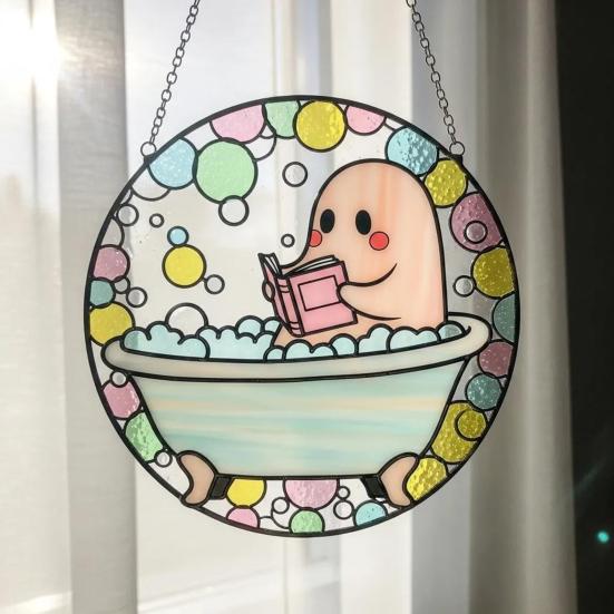 Bath-Time Ghost Reader Ornaments Cute Ghost Reading Book In A Bathtub Acrylic Hanging Suncatcher for Bathroom Window Wall Decoration