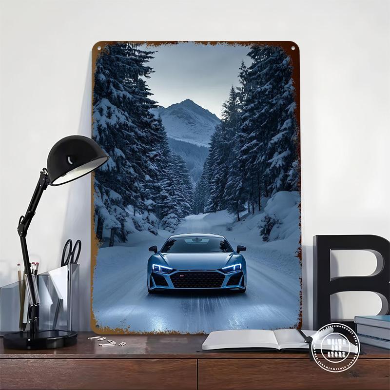 Спортивный автомобиль R8 в зимней стране чудес Металлический плакат Индивидуальное настенное искусство Ретро Винтажные жестяные таблички для мужской комнаты Офисное украшение