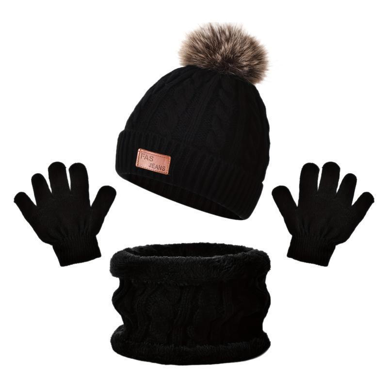 Spot European and American children's hats scarf gloves three-piece set autumn and winter solid color hairball knitted hat baby hat