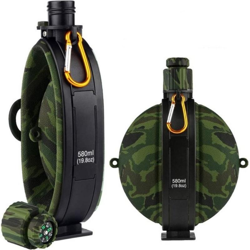 580ML Collapsible Military Water Bottle FDA Food Grade Silicone Water Kettle Canteen with Compass Bottle Cap for Hiking Camping