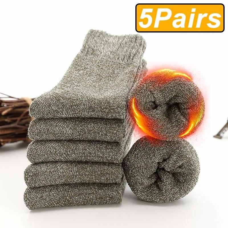 5 Pairs Winter Warm Men’s Socks Wool Male Women Socks Super Thicker Solid Socks Merino Wool Socks Against Cold Snow Terry Socks