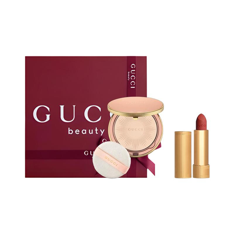 Gucci Набор косметики Маленькая золотая туба Мягкое распыление Набор из трех предметов: #00 Сияющая пудра с эффектом мягкого фокуса 10 г + #217 Бархатная помада-мист 3,5 г + Пуховка