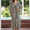 Женская мода весна осень зебровый принт длинный рукав V-образный вырез свободная талия повседневные платья
